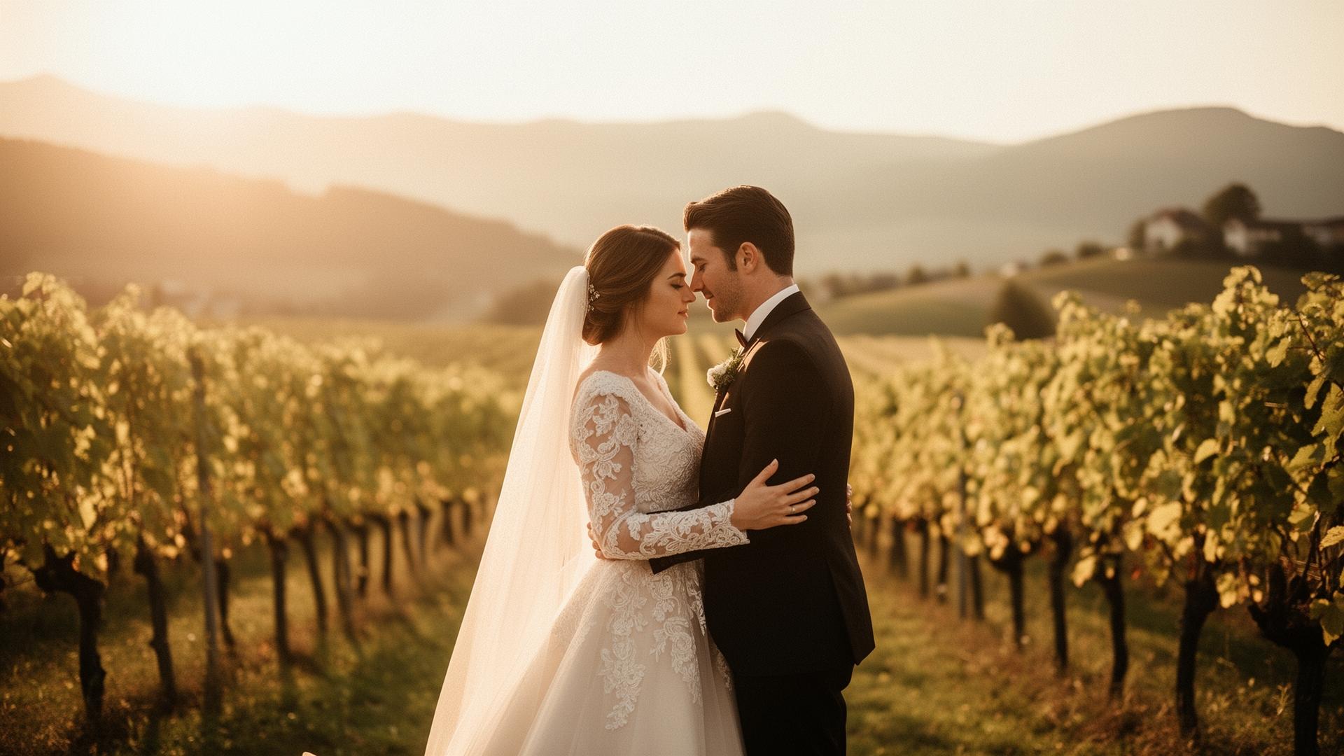 Poročni fotograf Memoro Weddings, poročni par v vinogradu ob sončnem zahodu